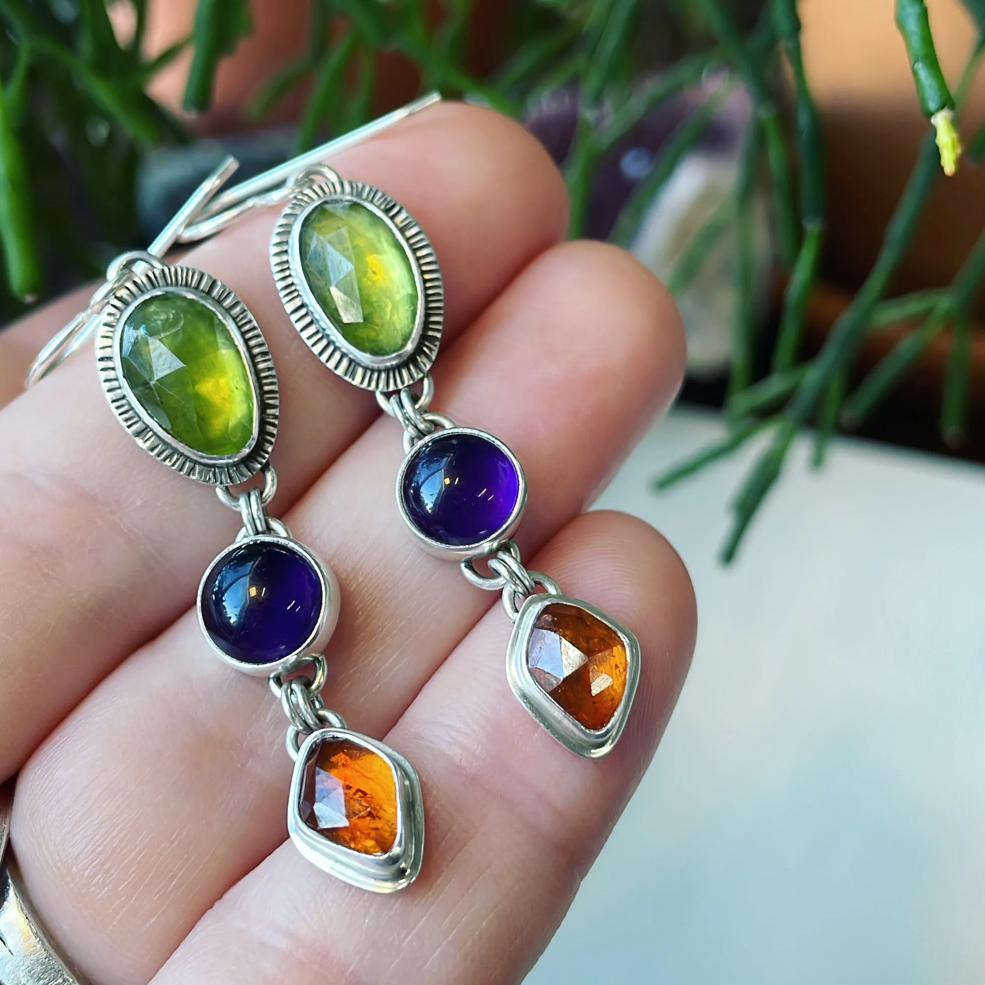 Peridot, Amethyst, Spessartite Garnet and Sterling Silver Earrings