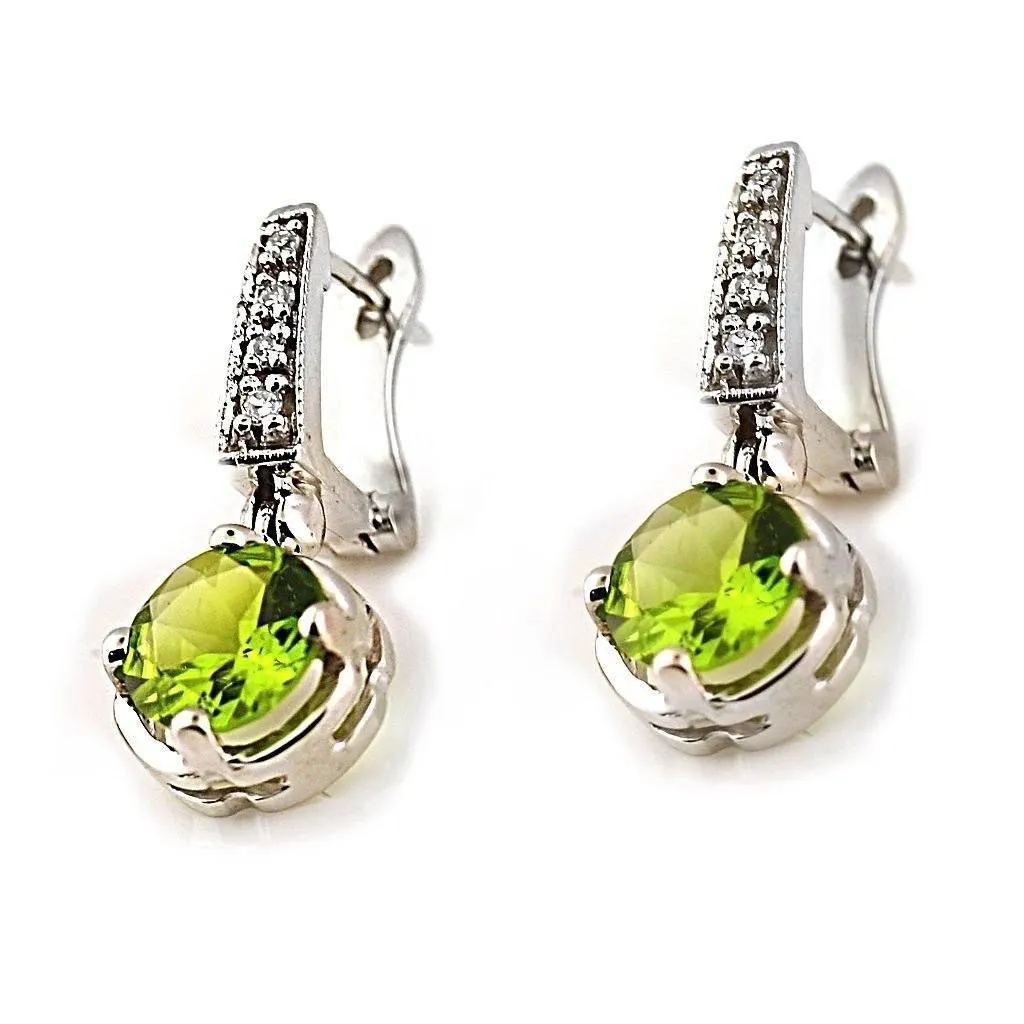 Peridot and Diamond Drop Earrings 14K White Gold