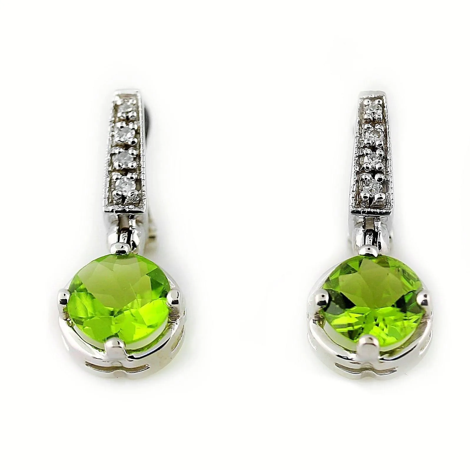 Peridot and Diamond Drop Earrings 14K White Gold