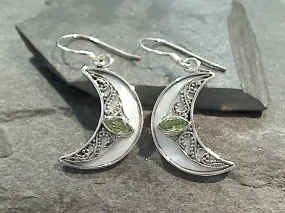 Peridot, Mother Of Pearl, Sterling Silver Crescent Moon Earrings