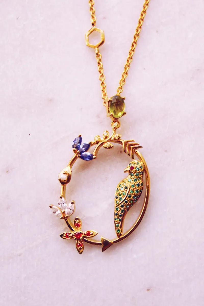 Peridot Studded In Circular Arrow With Kamadeva’s 5 Flowers Necklace (Gold-plated)