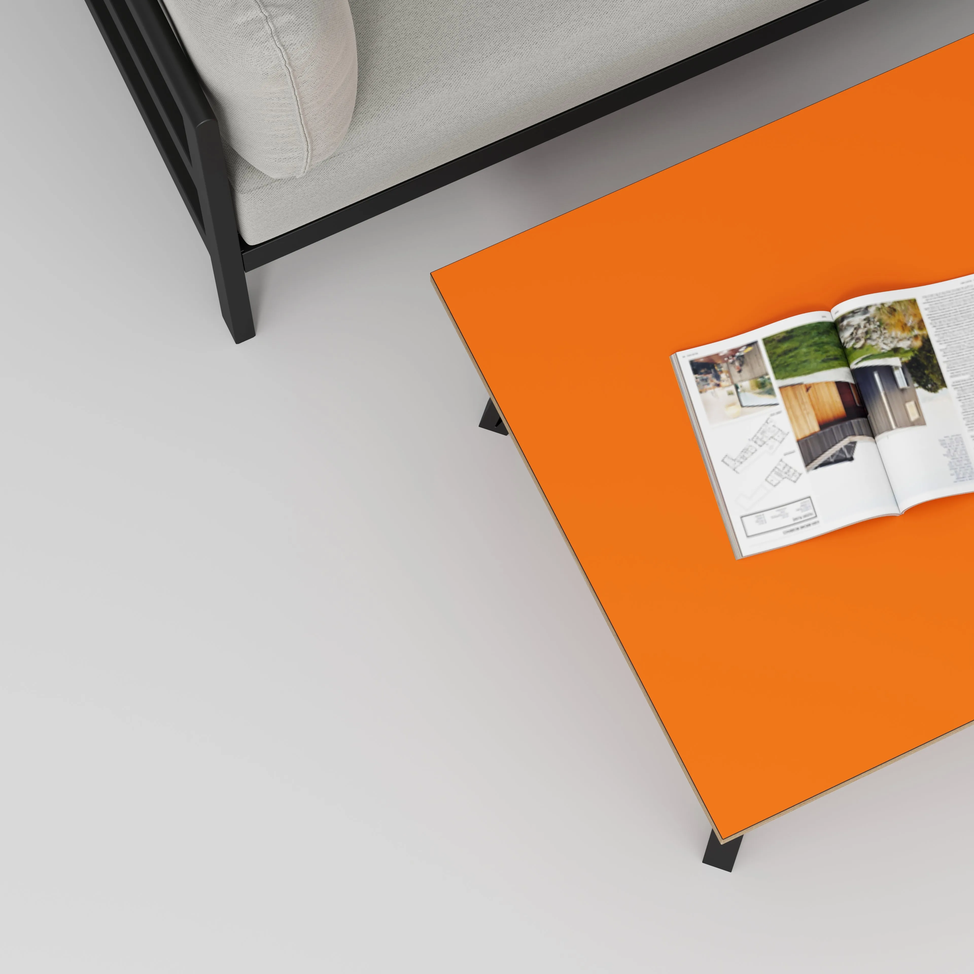 Plywood Coffee Table with Black Box Hairpin Legs - Formica Levante Orange - 800(w) x 800(d) x 425(h)