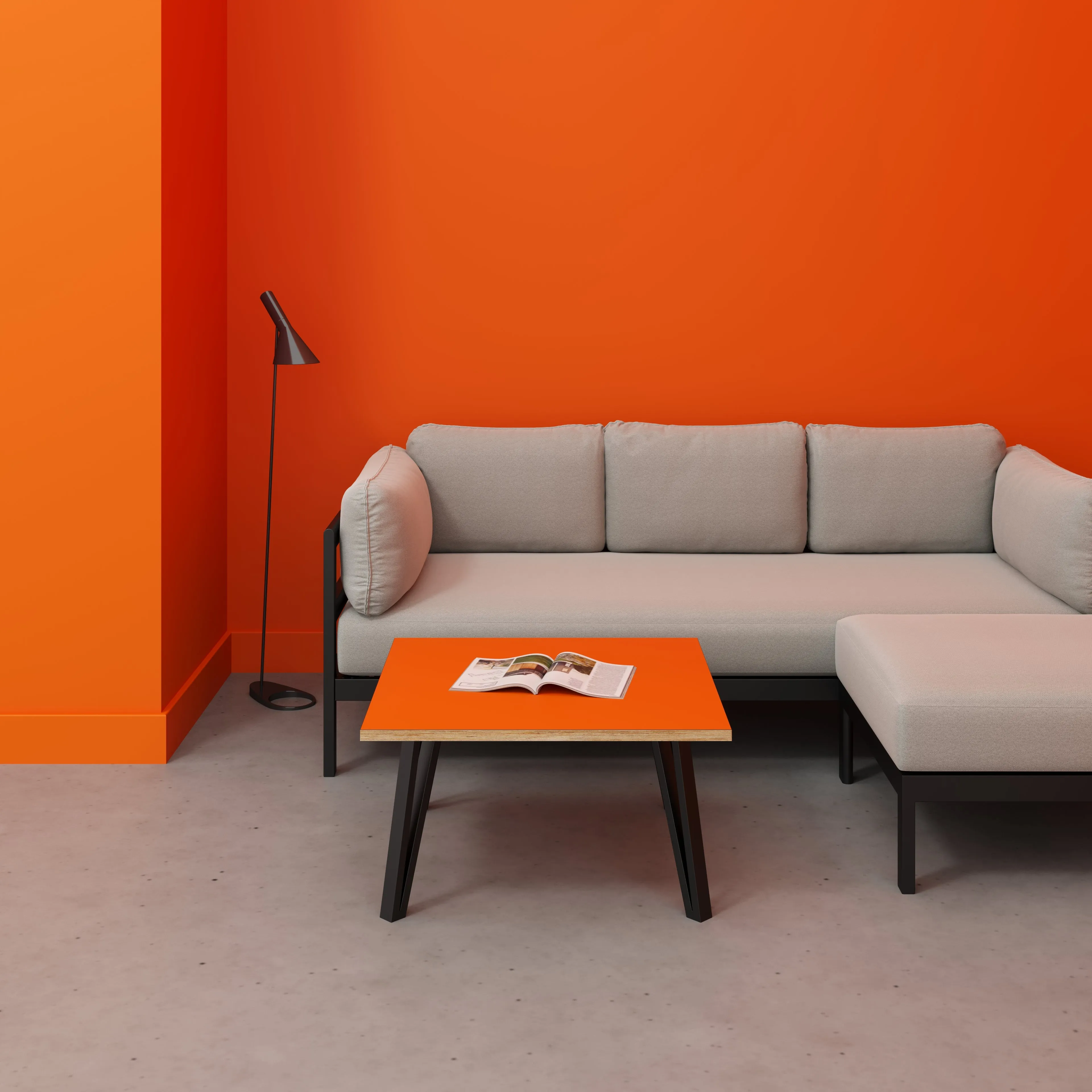 Plywood Coffee Table with Black Box Hairpin Legs - Formica Levante Orange - 800(w) x 800(d) x 425(h)