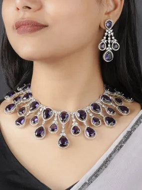 Purple Color Silver Plated Faux Diamond Necklace Set - CZSET314PR