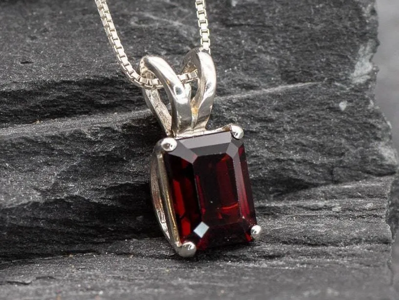 Red Square Pendant - Natural Garnet Necklace, Red Baguette Necklace