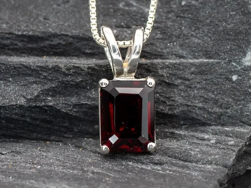 Red Square Pendant - Natural Garnet Necklace, Red Baguette Necklace