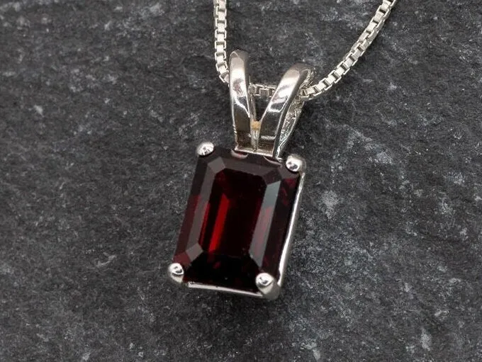 Red Square Pendant - Natural Garnet Necklace, Red Baguette Necklace