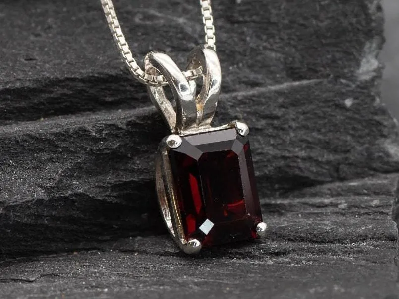 Red Square Pendant - Natural Garnet Necklace, Red Baguette Necklace