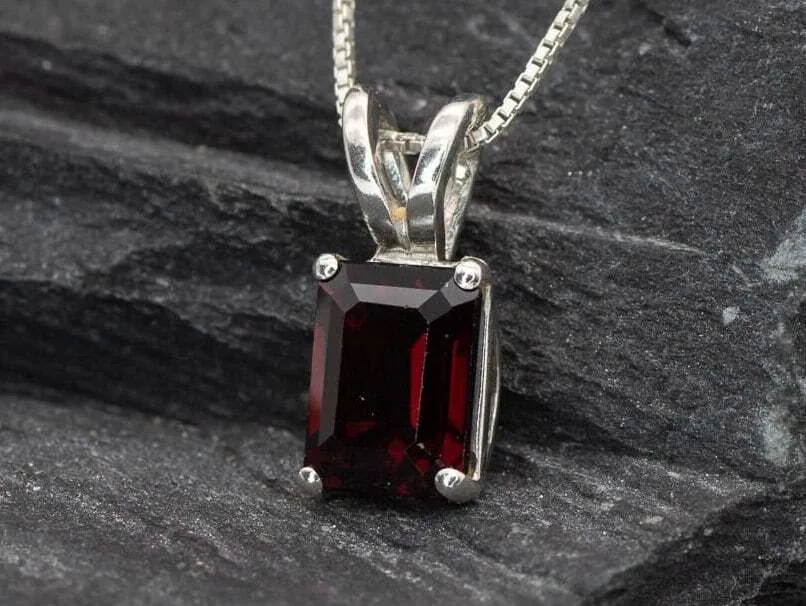 Red Square Pendant - Natural Garnet Necklace, Red Baguette Necklace