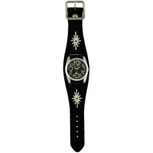 Showgirl Ladies Black Watch with Diamond Stitched Black Leather Cuff