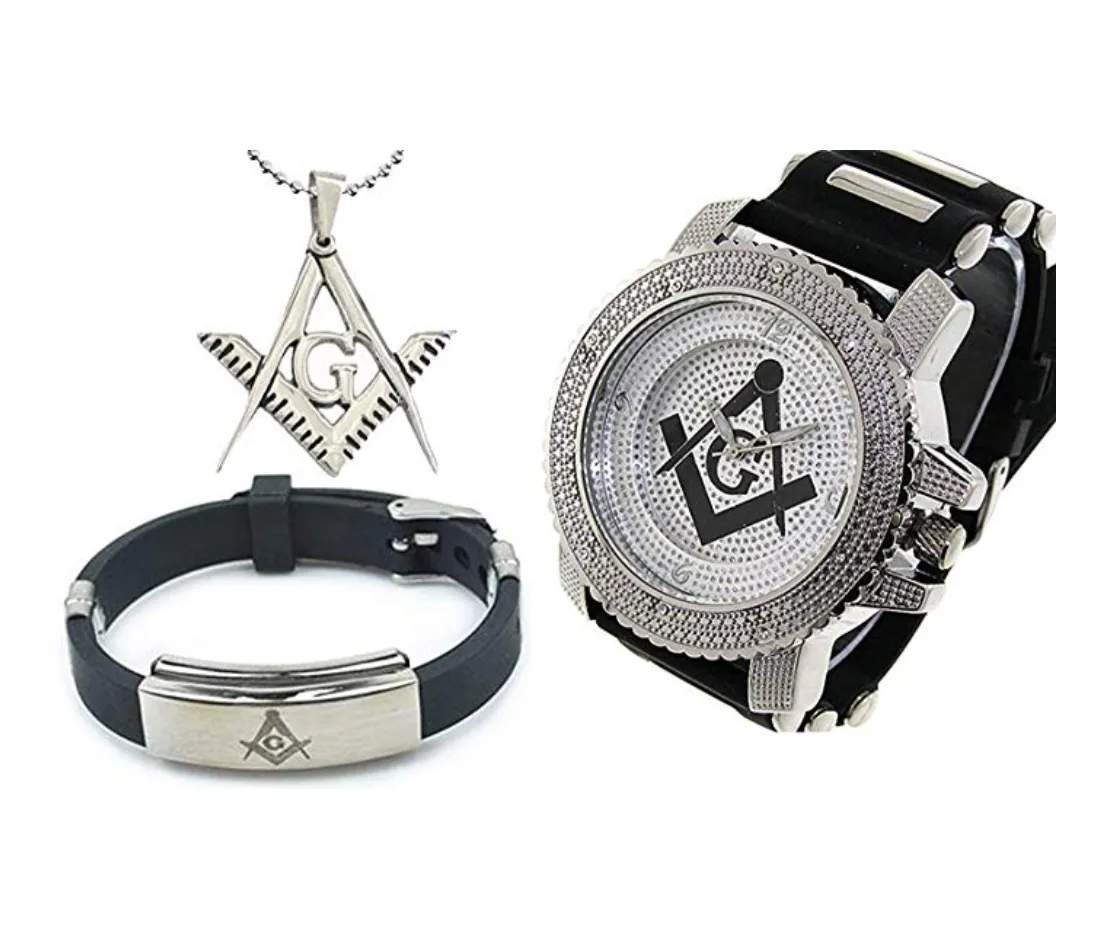 Silver & Black Freemason Watch Simulated Diamonds Gift Masonic Necklace Compass & Square Bracelet Bundle Stainless Steel Set