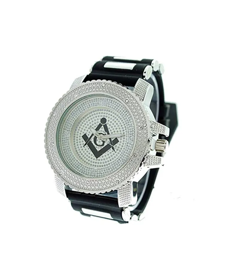 Silver & Black Freemason Watch Simulated Diamonds Gift Masonic Necklace Compass & Square Bracelet Bundle Stainless Steel Set