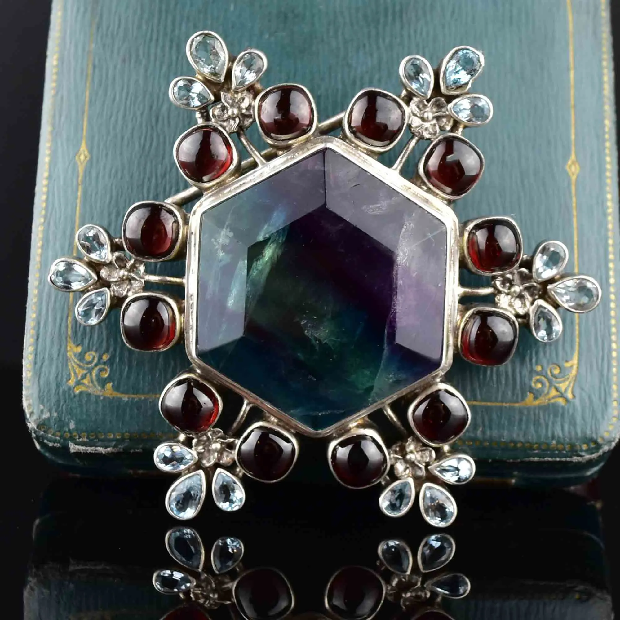 Silver Fluorite Garnet Topaz Snowflake Brooch Pendant Necklace