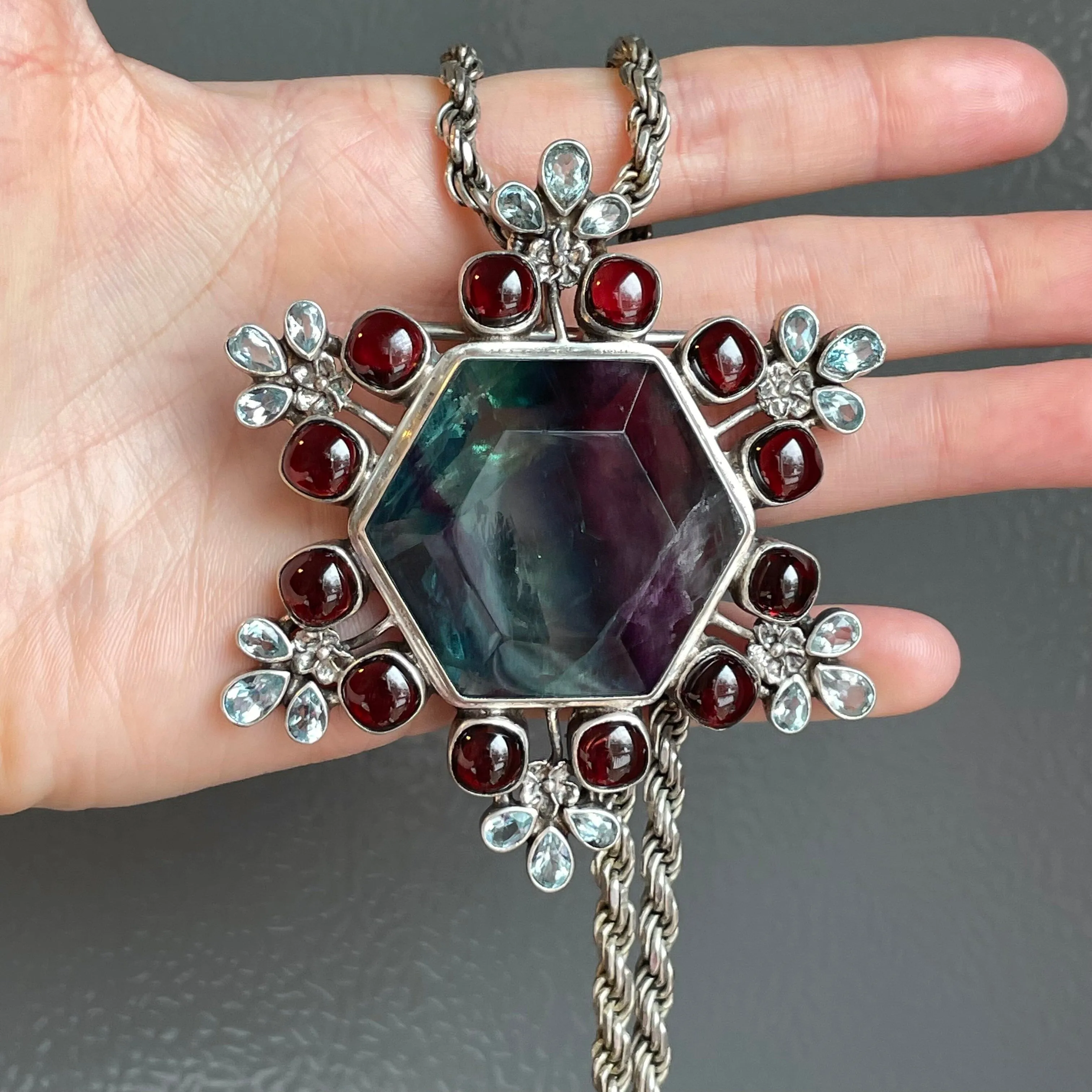 Silver Fluorite Garnet Topaz Snowflake Brooch Pendant Necklace