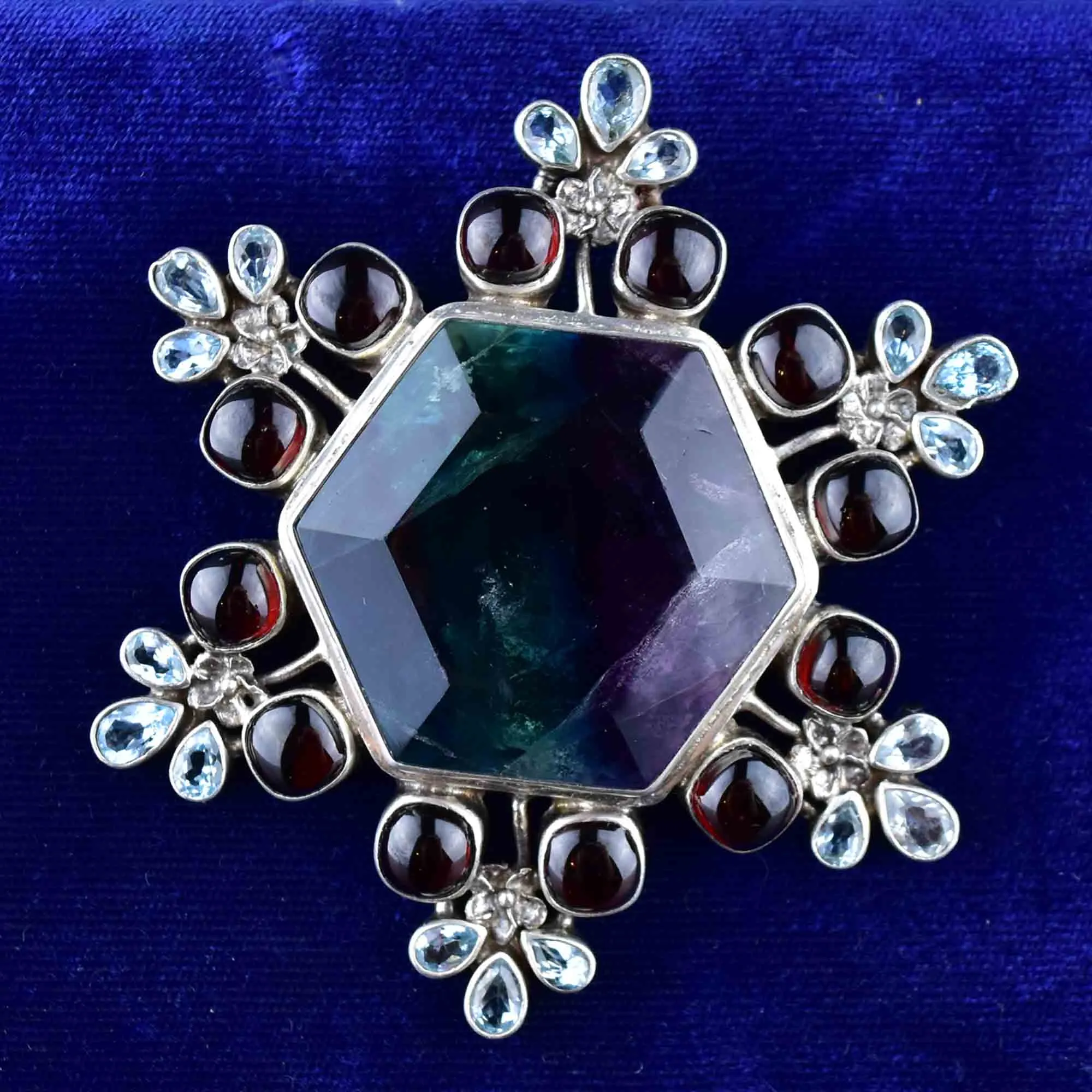 Silver Fluorite Garnet Topaz Snowflake Brooch Pendant Necklace