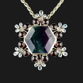 Silver Fluorite Garnet Topaz Snowflake Brooch Pendant Necklace