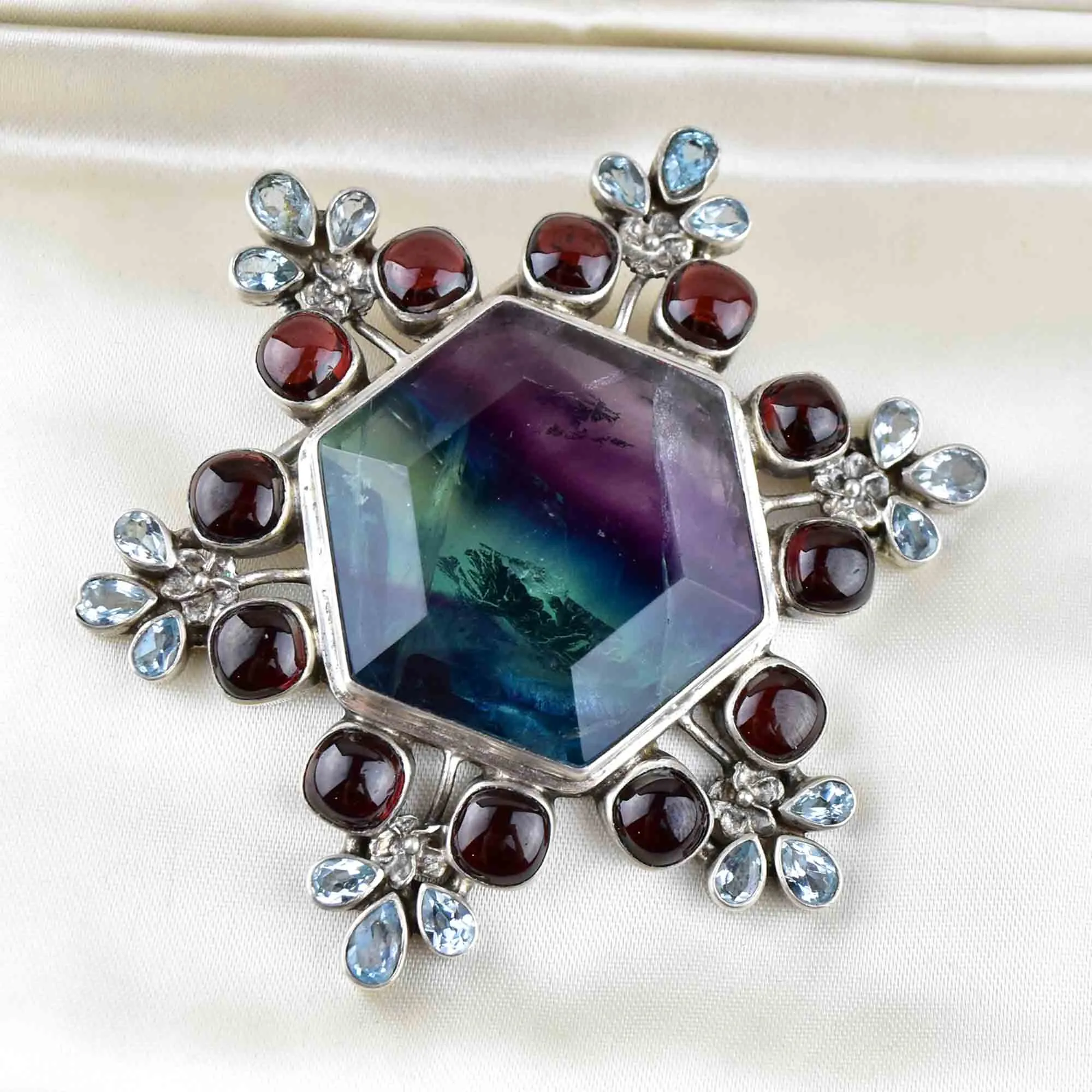 Silver Fluorite Garnet Topaz Snowflake Brooch Pendant Necklace