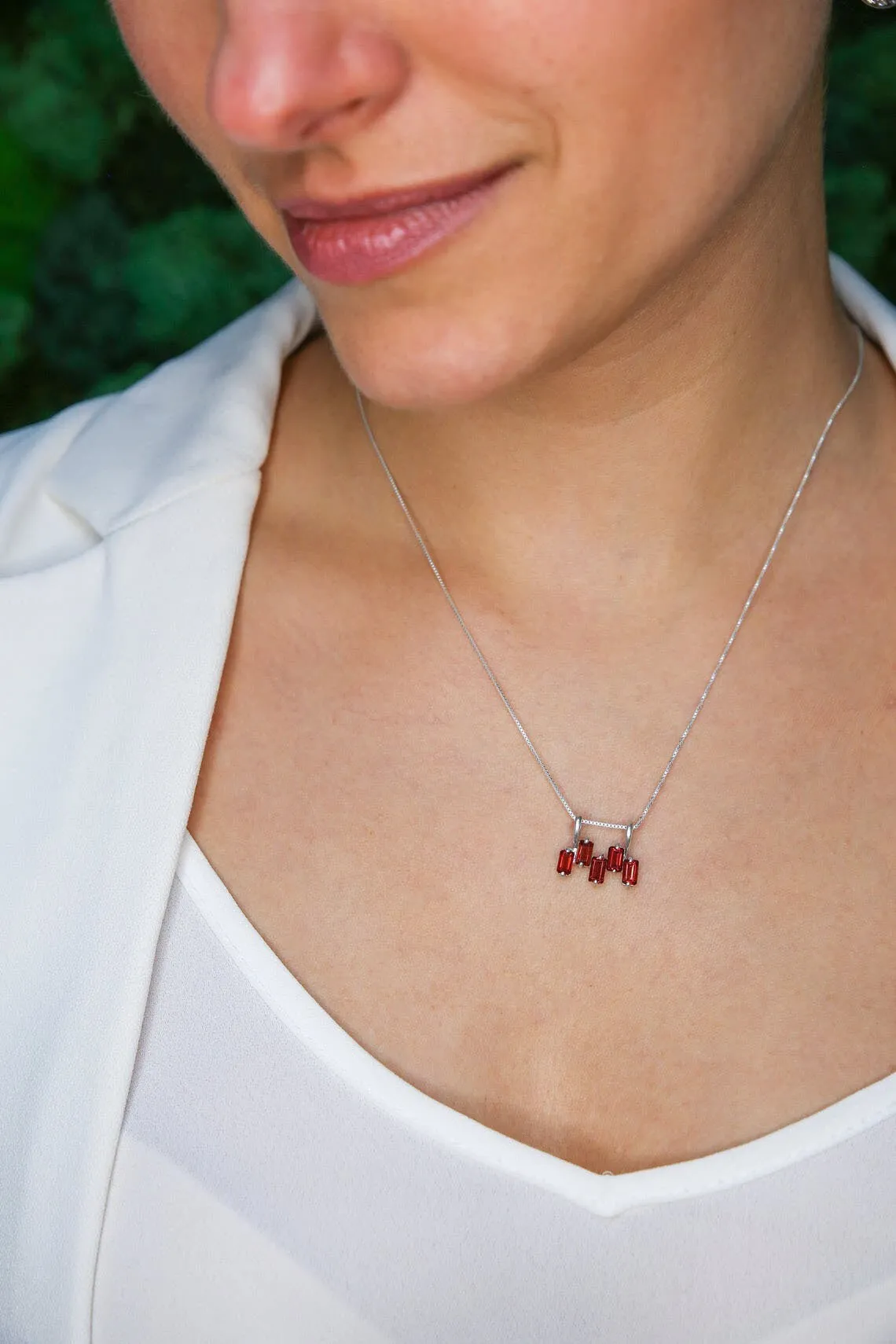 Silver Garnet Pendant - Red Baguette Necklace - January Birthstone Necklace