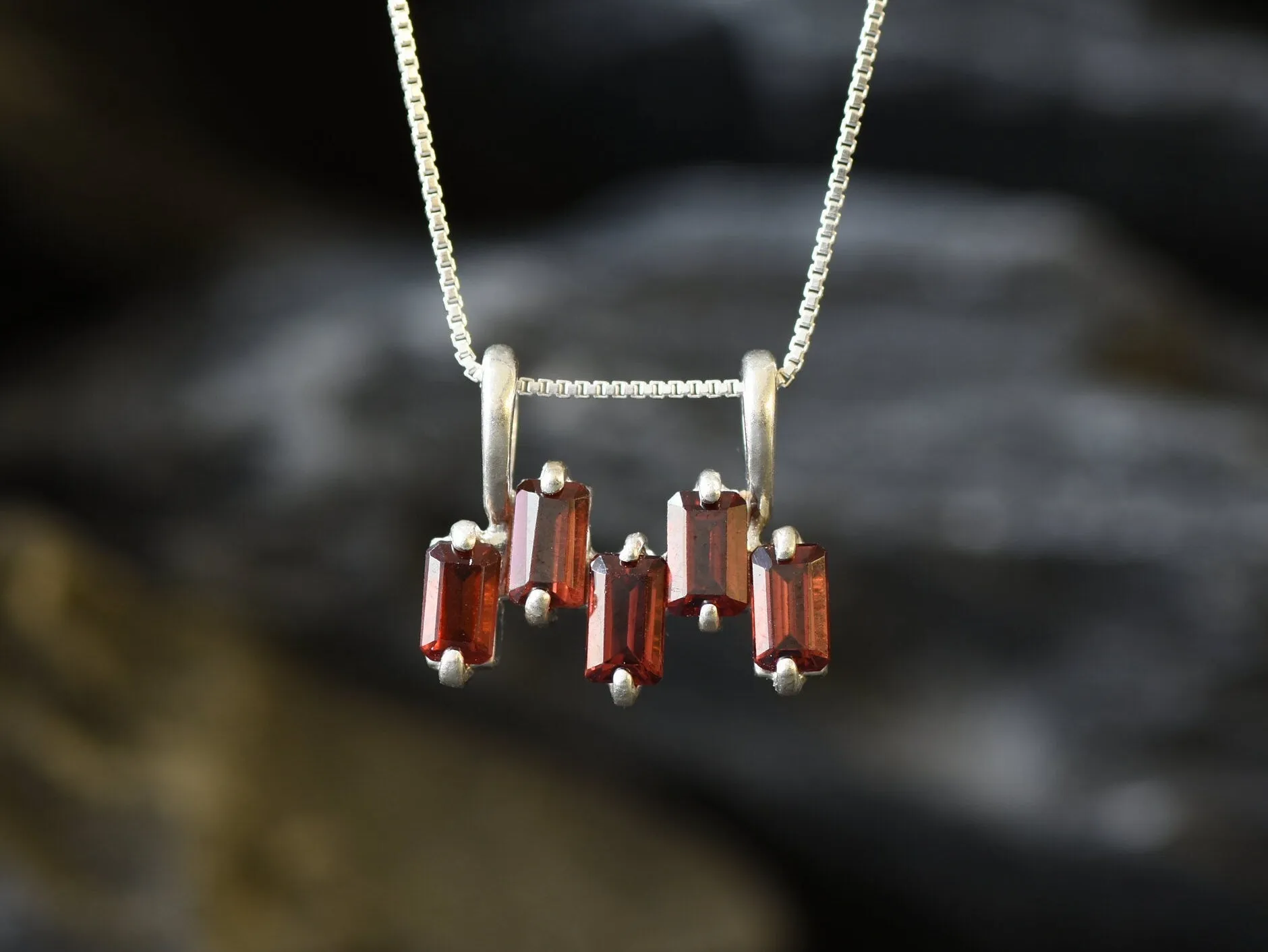 Silver Garnet Pendant - Red Baguette Necklace - January Birthstone Necklace