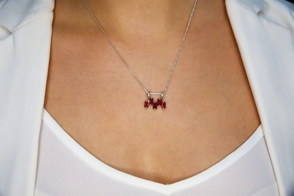 Silver Garnet Pendant - Red Baguette Necklace - January Birthstone Necklace