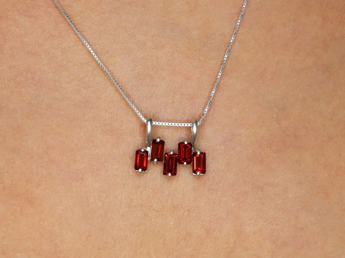 Silver Garnet Pendant - Red Baguette Necklace - January Birthstone Necklace