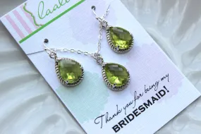 Silver Peridot Apple Green Earring Necklace Jewelry Set - Wedding Jewelry Bridesmaid Jewelry Gift Bridal Jewelry Set Personalized Note Card