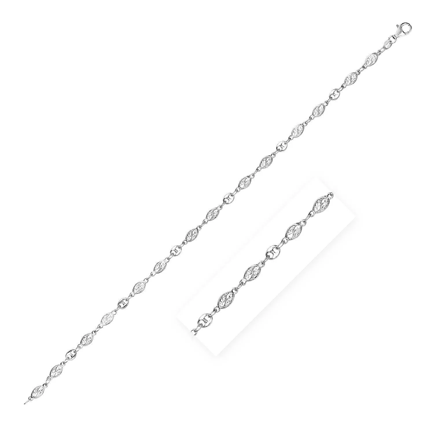 Size: 10'' - Sterling Silver Anklet with Marquise Leaf Motifs