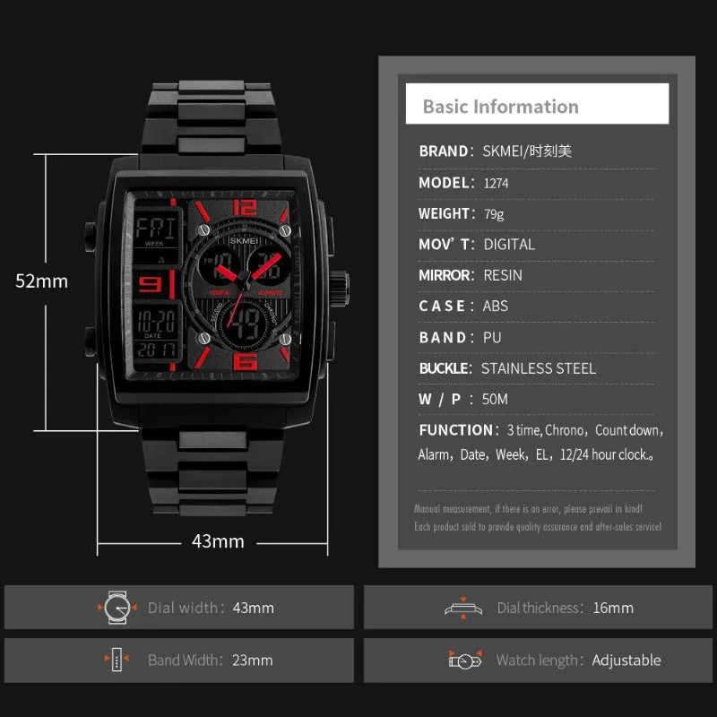 SKMEI 1274 Innovative Men's Ana Digi Watch Rectangle w/ 50M WaterProof