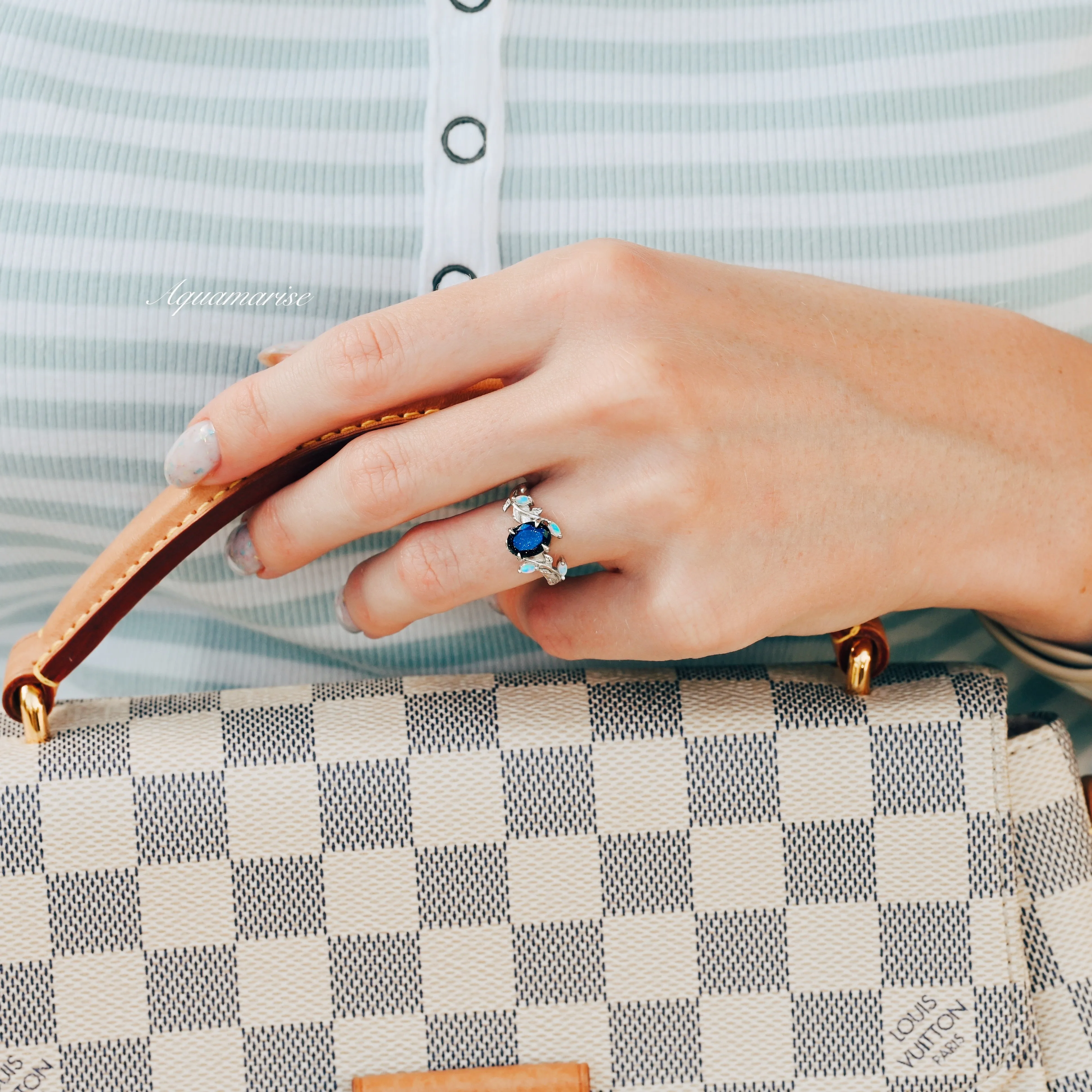 Starry Night & Australian Opal Leaf Ring- Sterling Silver