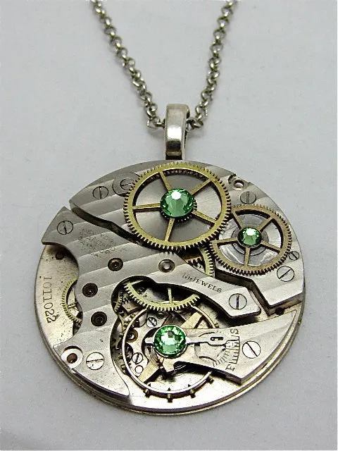 Steampunk Pendant - Peridot - Steampunk Necklace- Steampunk jewelry handmade with real vintage watch and pocket watch parts