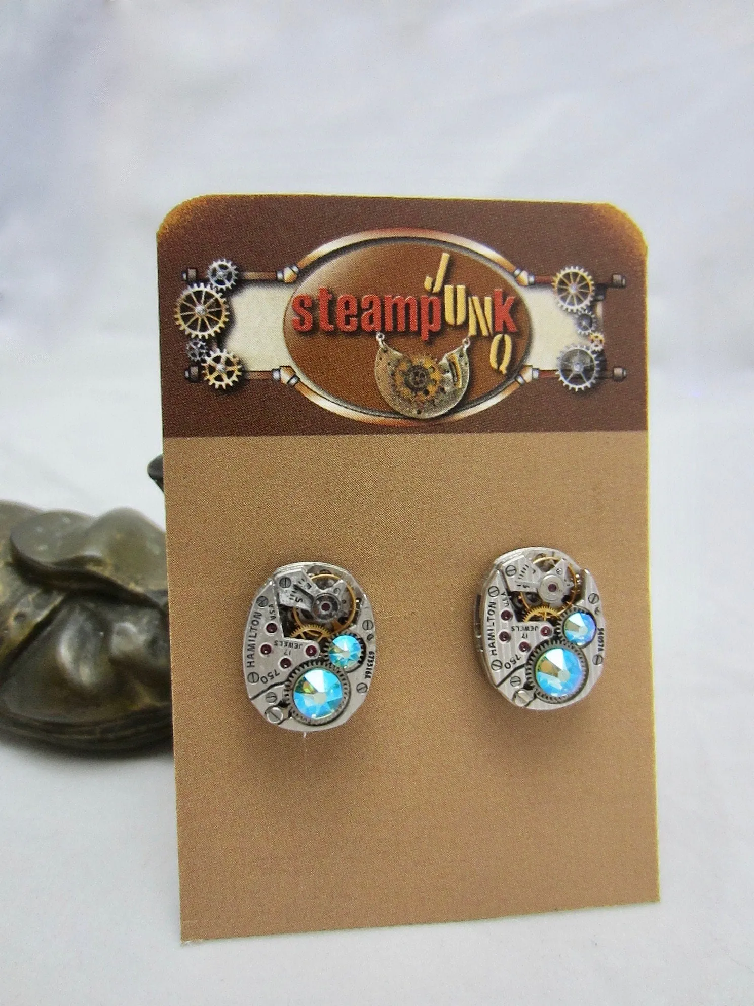 Steampunk Stud Earrings  Mechanical Watch Movement - Post Earrings - Peridot Shimmer - August Birthstone - Steampunk jewelry - gift for mom