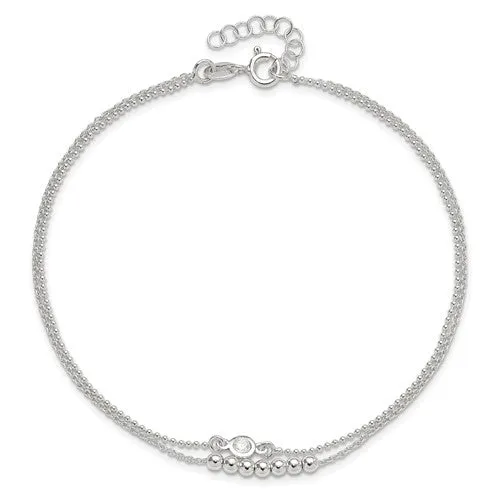 Sterling Silver 2-Strand Beaded CZ With 1in Extender Anklet