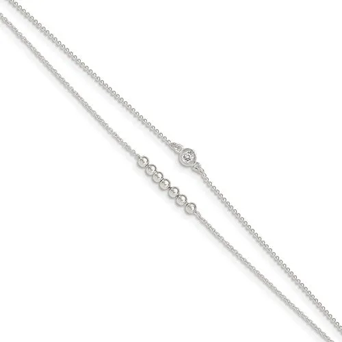 Sterling Silver 2-Strand Beaded CZ With 1in Extender Anklet