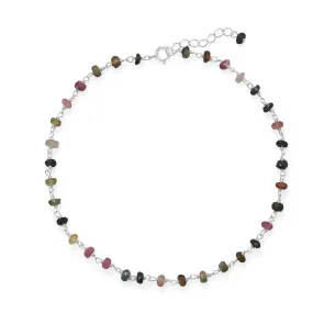 Sterling Silver Natural Multi-Color Tourmaline Bead Anklet