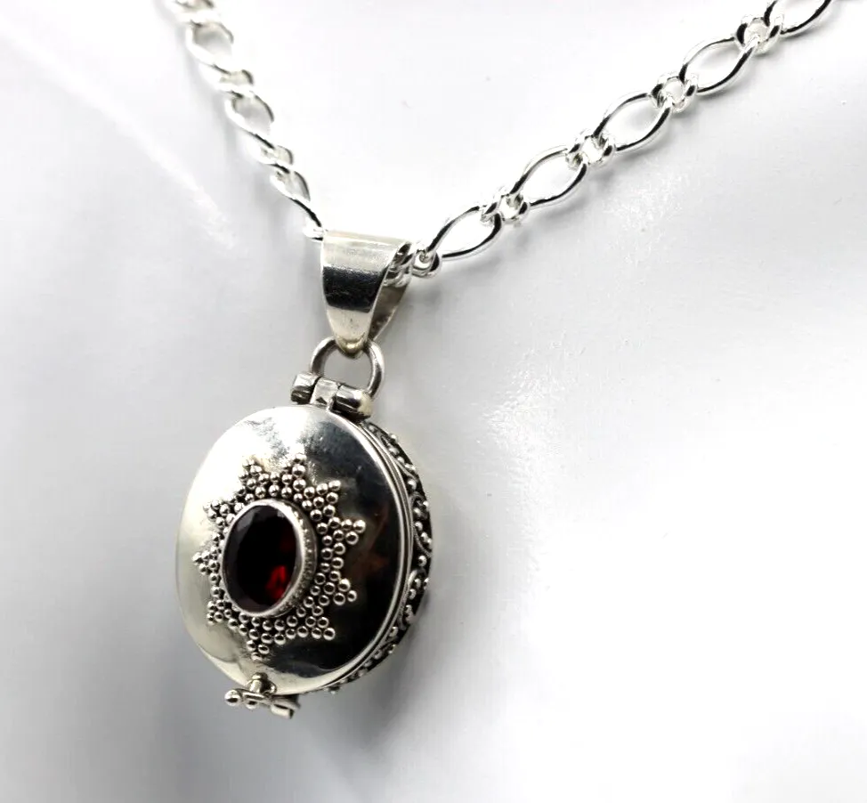 Sterling Silver Oval Garnet Memorial Pendant Locket   Chain / Necklace