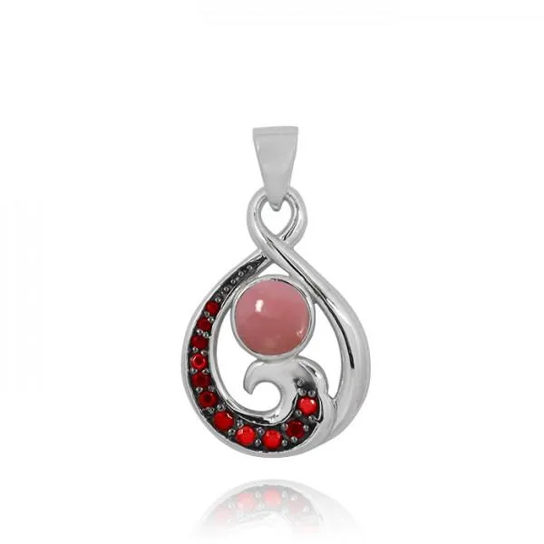 Sterling Silver Pendant with Garnet Wave and Round Peru Pink Opal