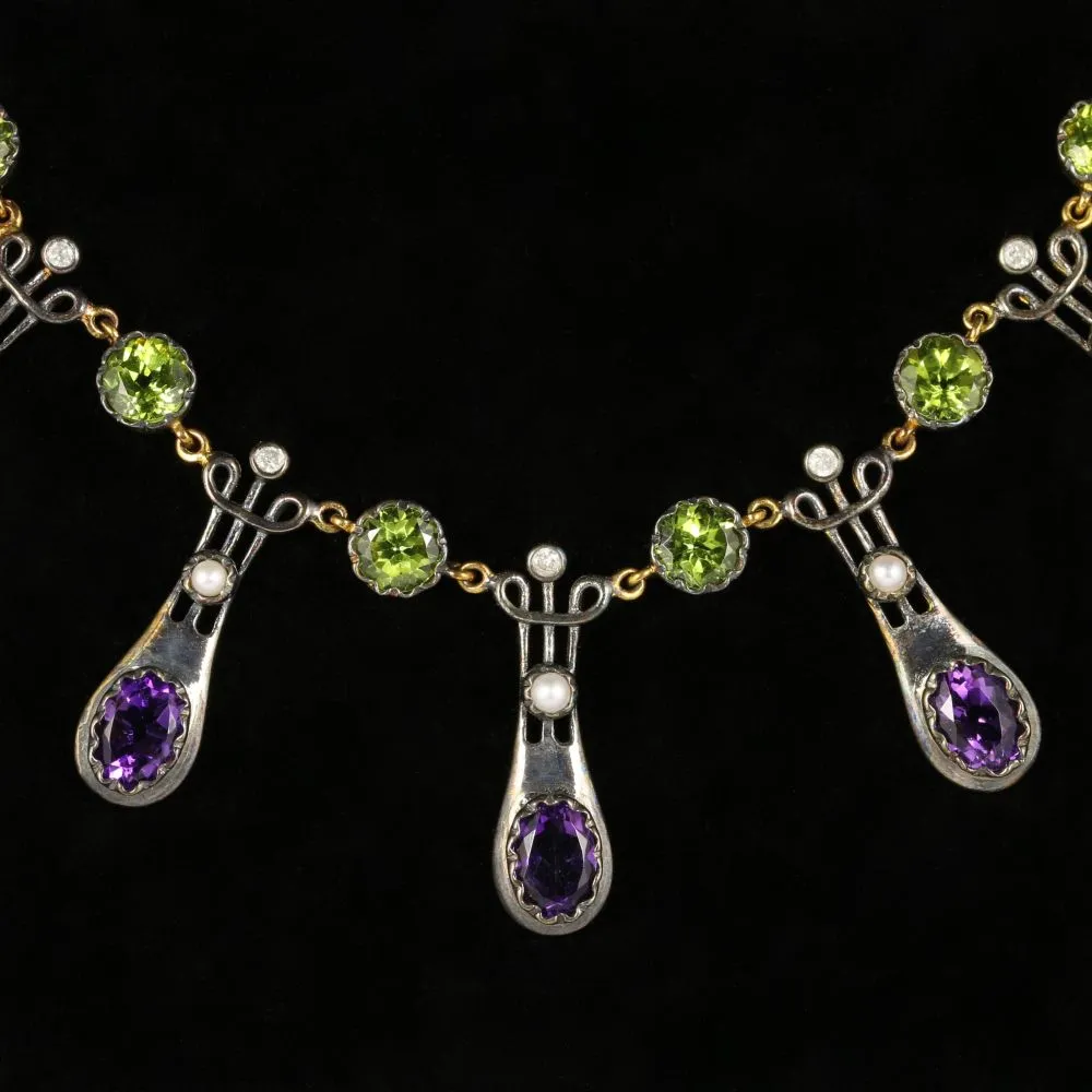 Suffragette Necklace Peridot Amethyst Dropper 9Ct Gold