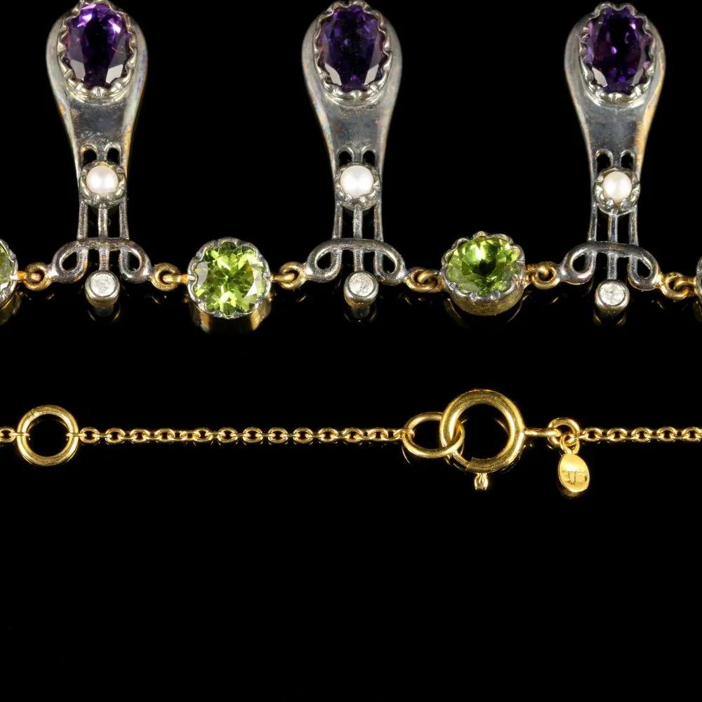 Suffragette Necklace Peridot Amethyst Dropper 9Ct Gold