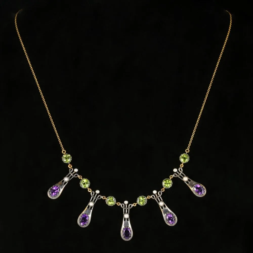 Suffragette Necklace Peridot Amethyst Dropper 9Ct Gold