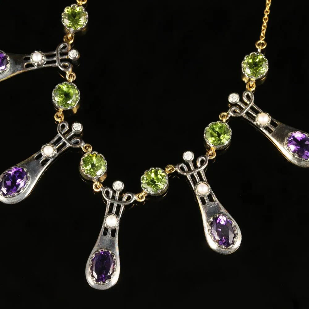 Suffragette Necklace Peridot Amethyst Dropper 9Ct Gold