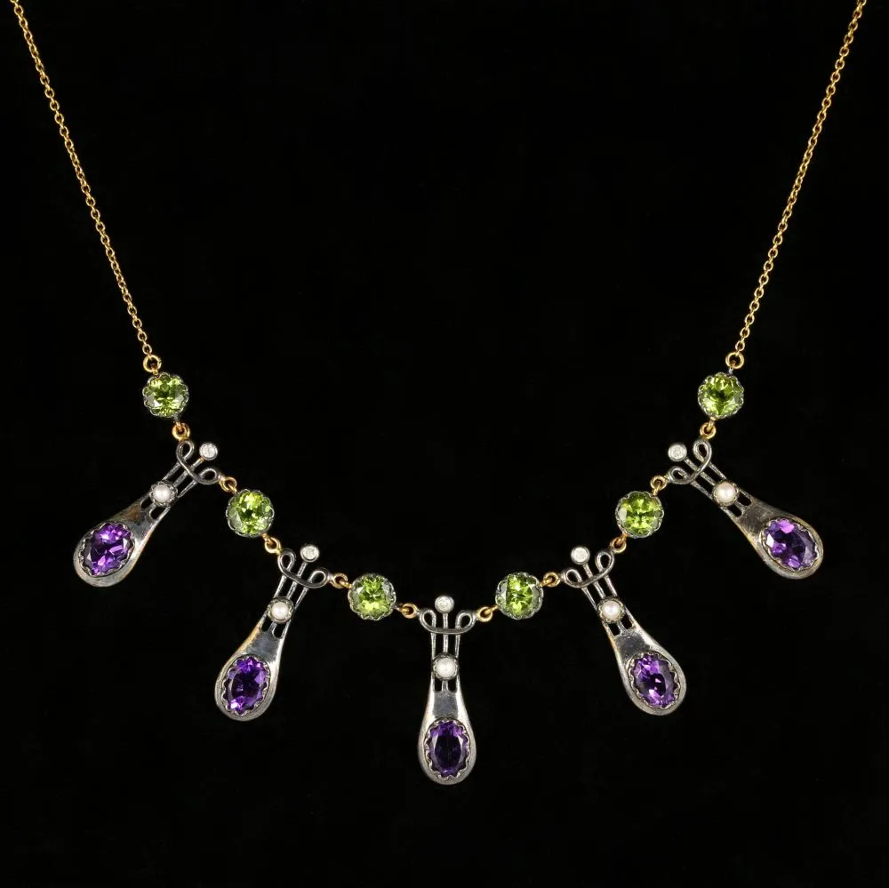 Suffragette Necklace Peridot Amethyst Dropper 9Ct Gold