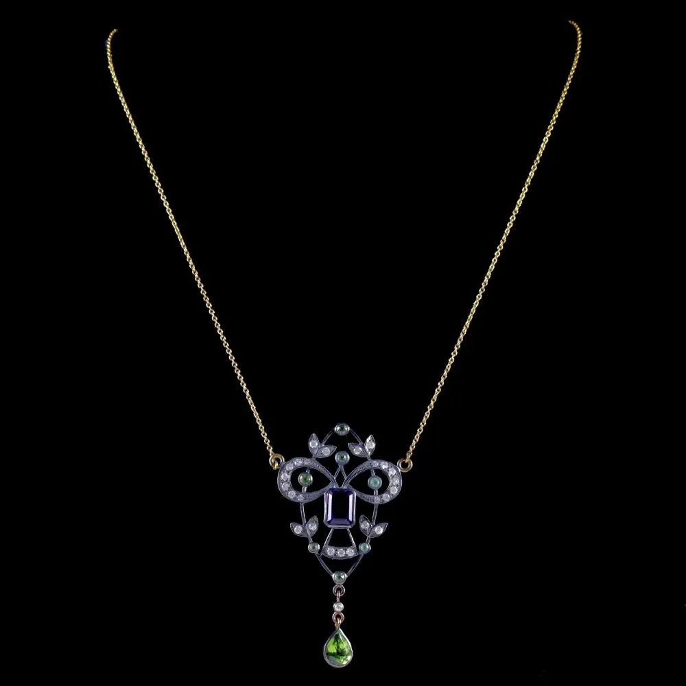 Suffragette Pendant Necklace 9Ct Gold Silver Amethyst Peridot Diamond