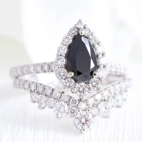 Tiara Halo Black Diamond Pave Ring Set w/ Large Tiara Diamond Wedding Band