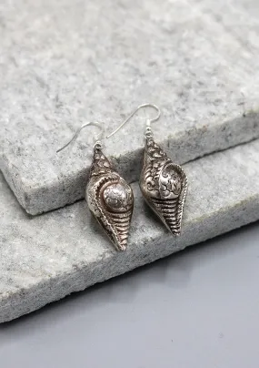 Tibetan Lucky Symbol Conch Shaped Sterling Silver Earrings