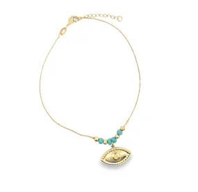 Tiffany Blue And Gold Bead Anklet With A Evil Eye Charm (E103)