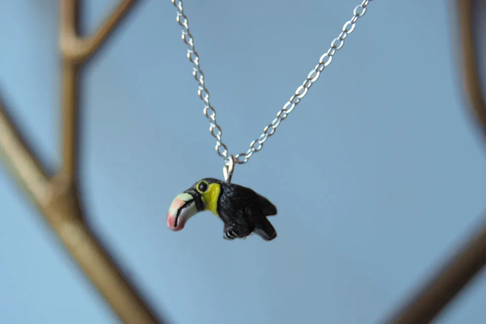 Tiny Toucan Necklace | Tropical Bird Jewelry | Colorful Ceramic Toucan Charms