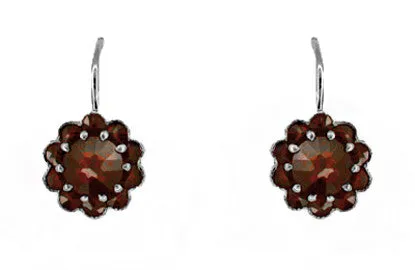 Victorian Bohemian Garnet Floral Earrings in Antiqued Sterling Silver with 14 Karat Gold Earwires