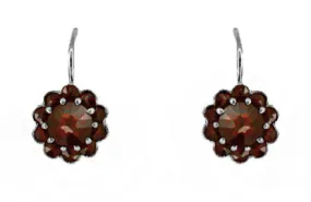 Victorian Bohemian Garnet Floral Earrings in Antiqued Sterling Silver with 14 Karat Gold Earwires