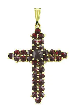 Victorian Bohemian Garnets Straightline Cross Pendant in Yellow Gold Vermeil Over Sterling Silver