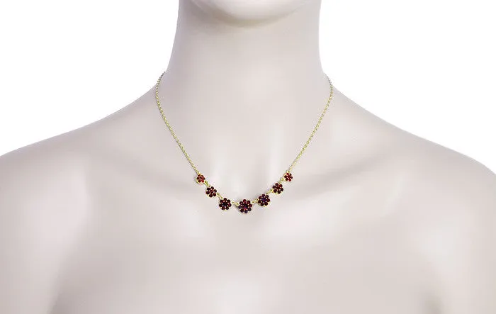 Victorian Flowers Bohemian Garnet Necklace in Yellow Gold Vermeil Over Sterling Silver